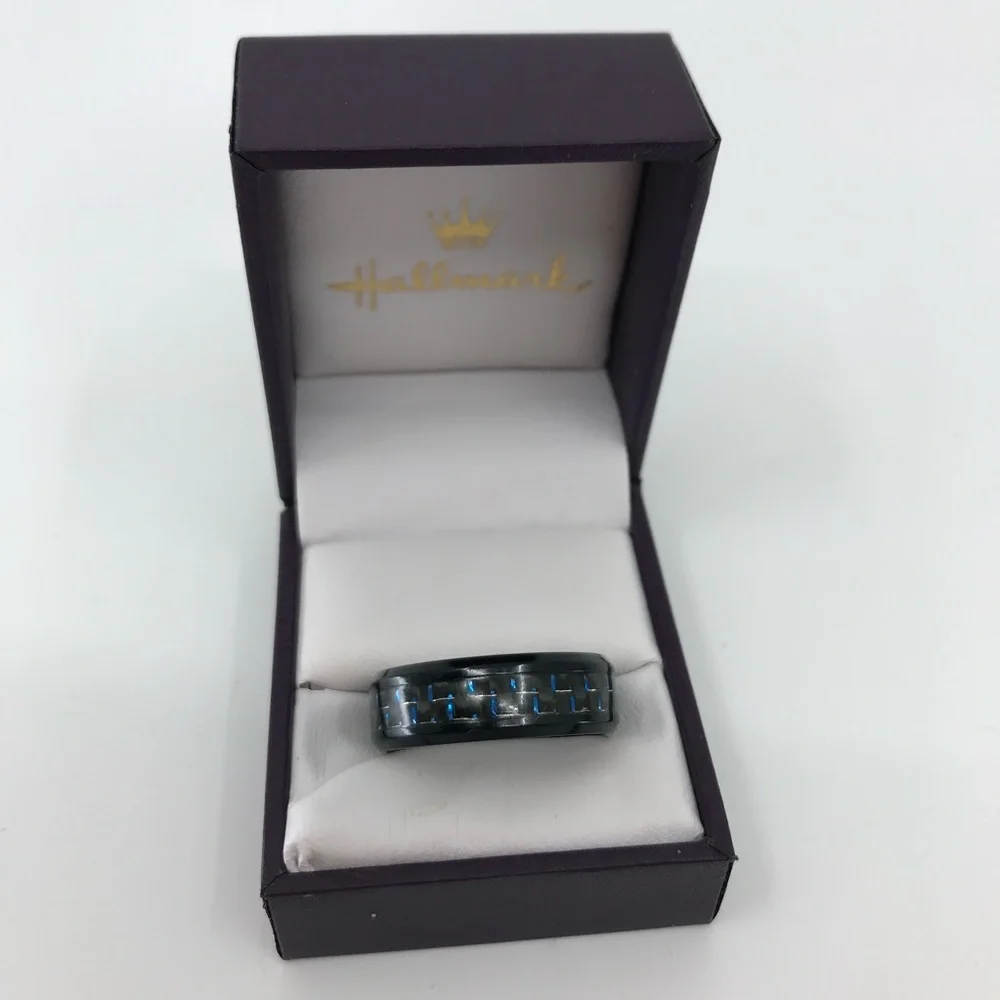 Mens Black Ceramic Carbon Fiber Stainless Steel Ring With Blue Accents Size 11.5